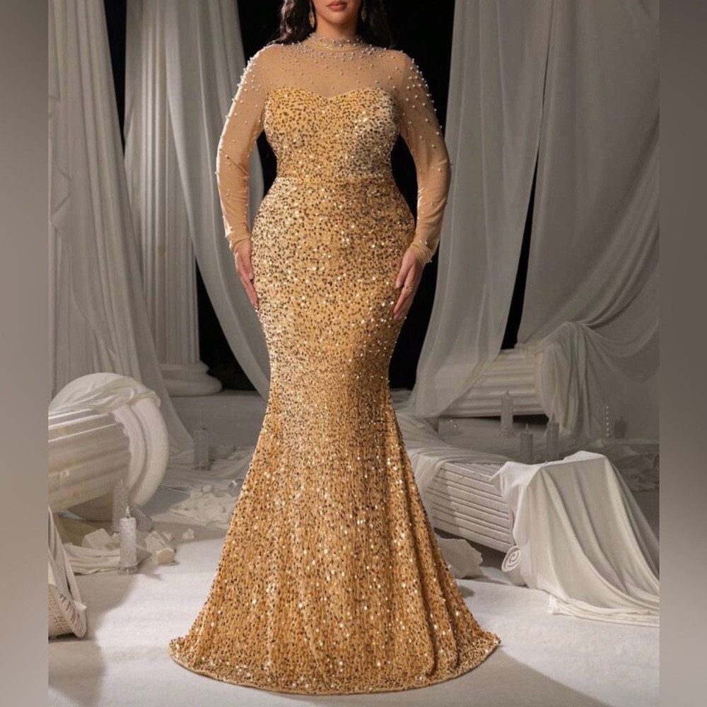 #572 Champagne Velvet gold sequin formal gown-5X/26W